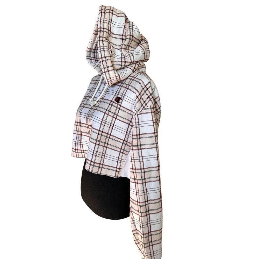 NWOT Champion Cream Plaid Cropped Sweatshirt Sz Small - Picture 2 of 6